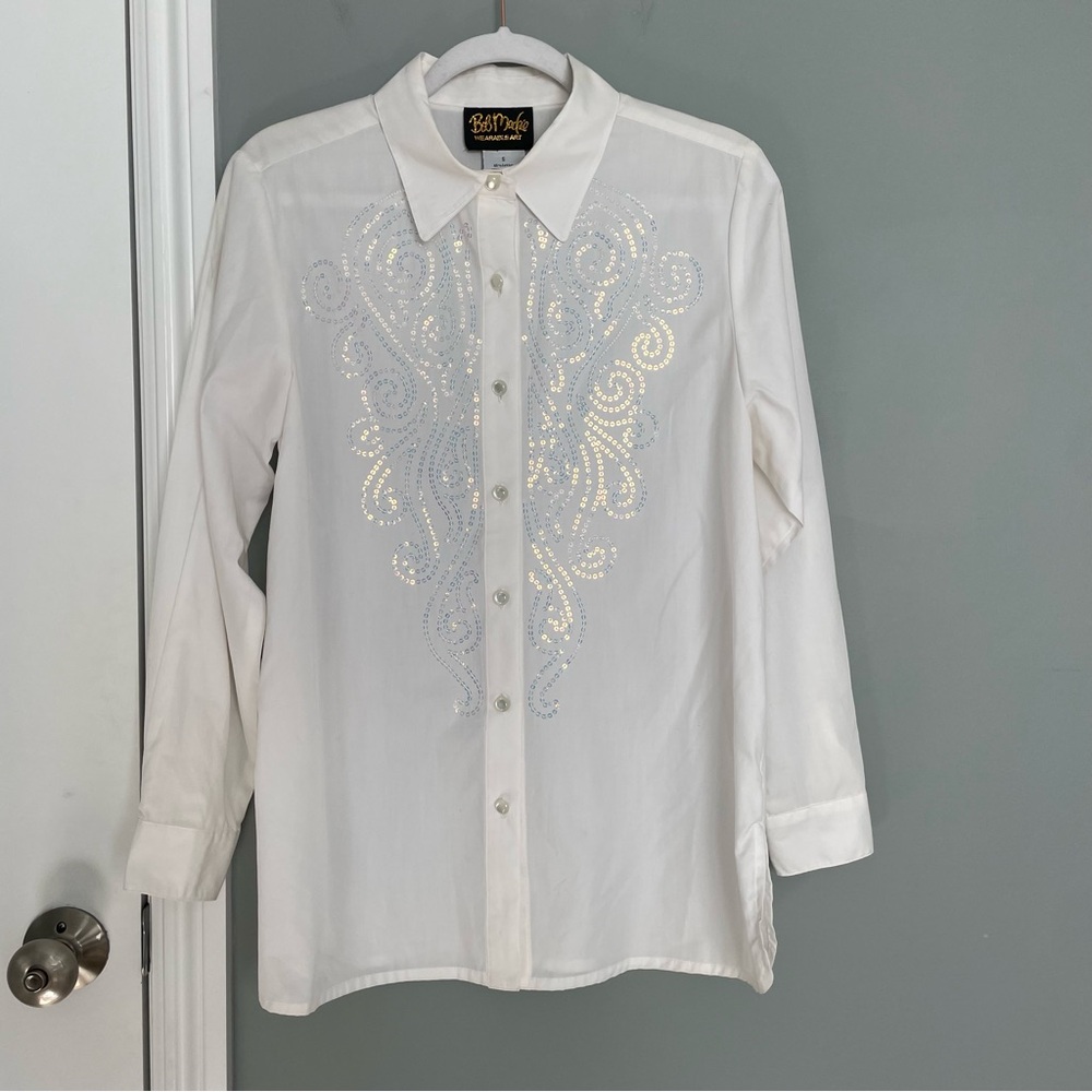 Vintage Bob Mackie Wearable Art Sequin Chest White Button Down Shirt